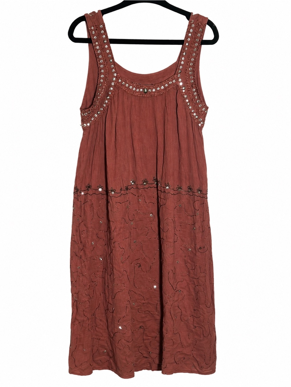 Cotton Embellished Dress Brown Sleeveless Midi Sequin Bead Festival Cottagecore